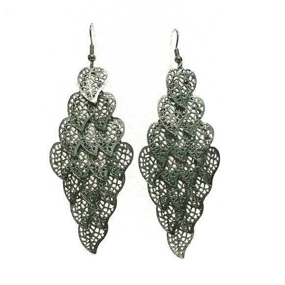 Bronze Tone Earrings Long Cascading Articulated Open Leaves Lacey Leaf Filigree - Picture 5 of 7